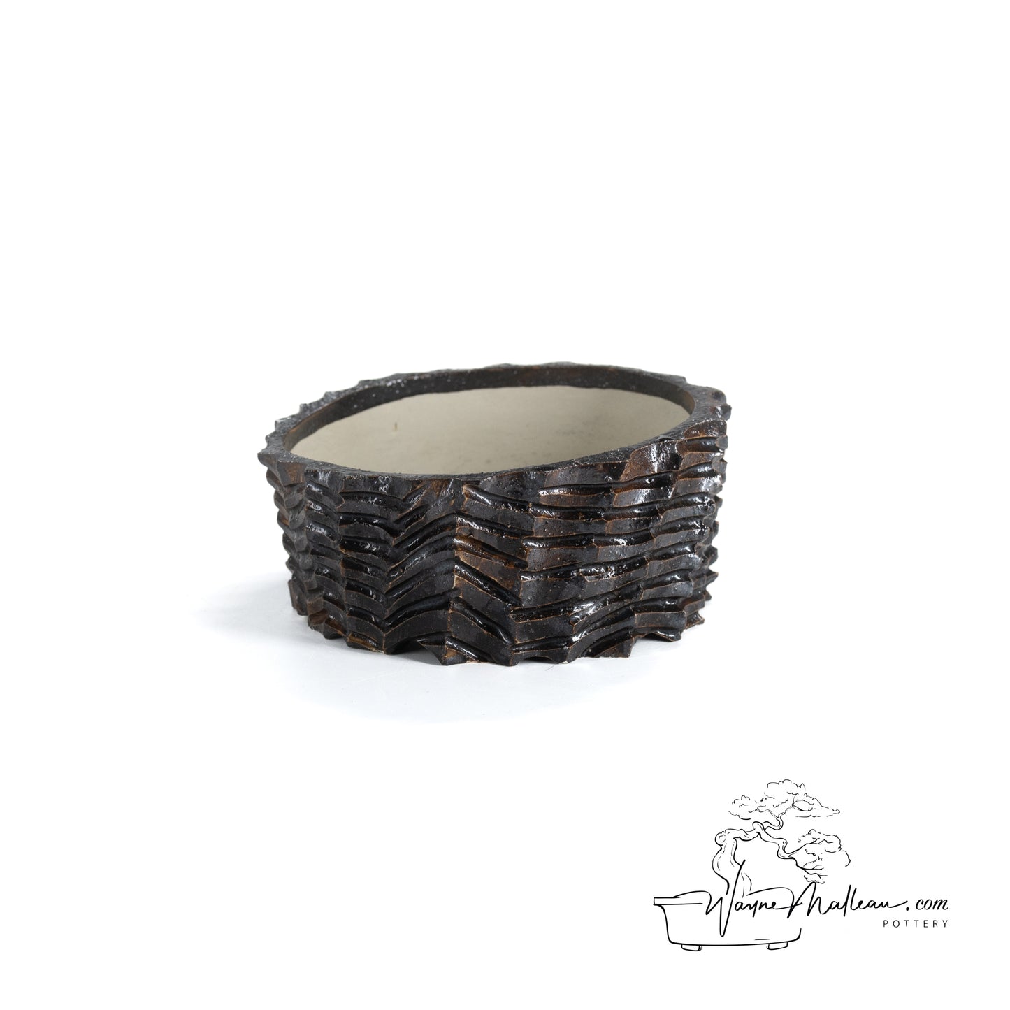 240328190 - hand-shaped, carved round bonsai pot