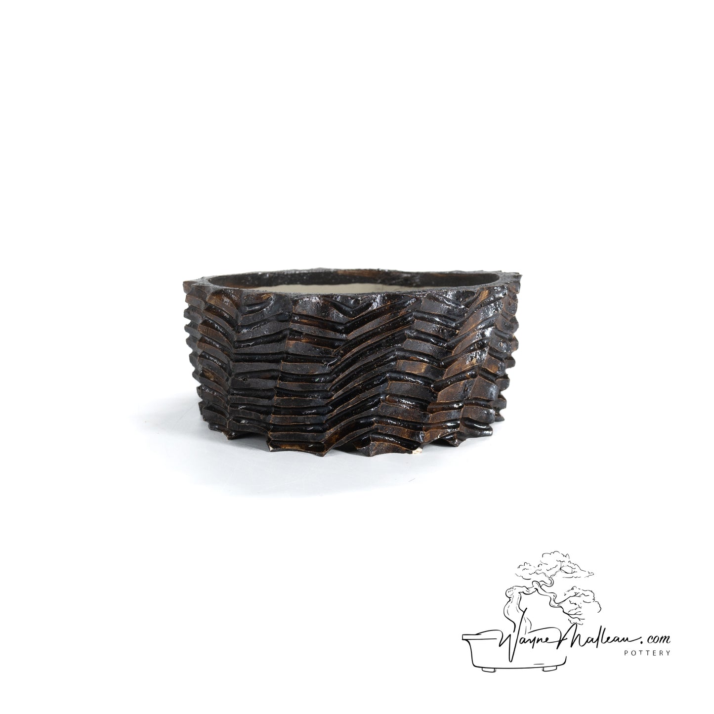 240328190 - hand-shaped, carved round bonsai pot