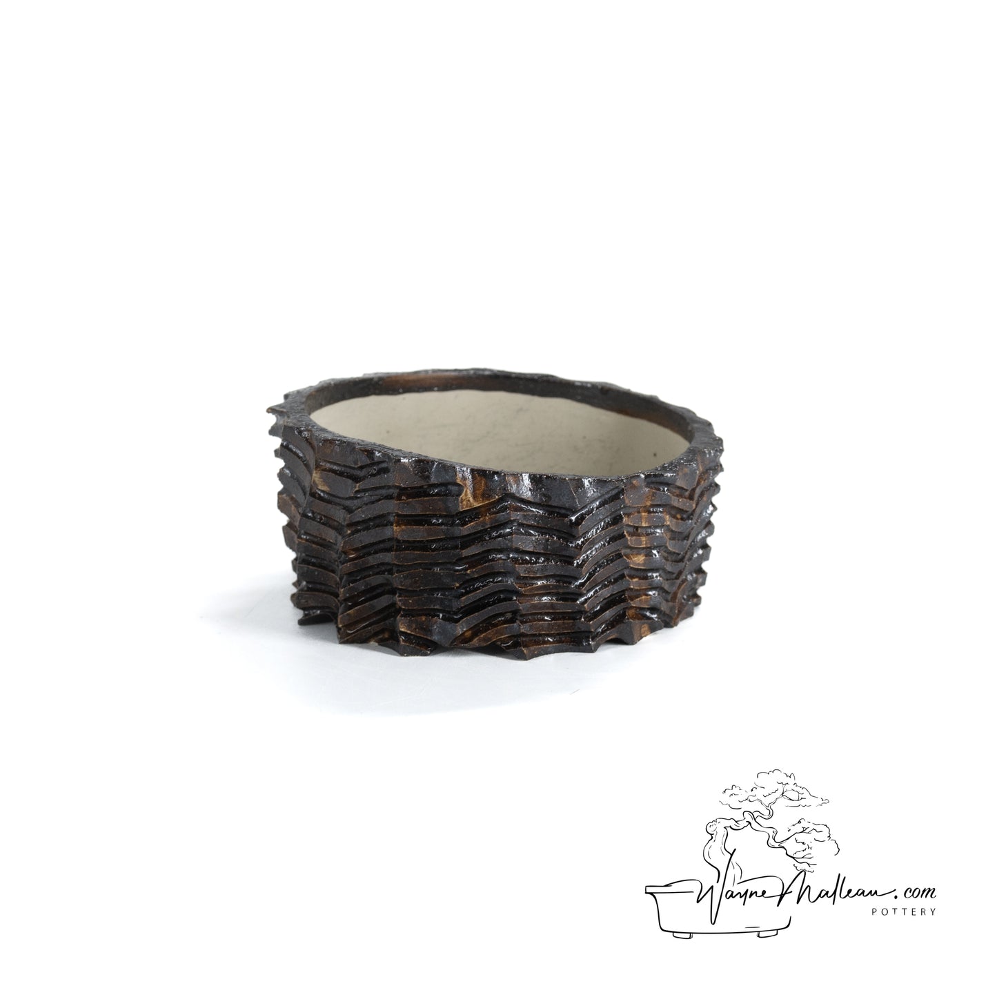 240328190 - hand-shaped, carved round bonsai pot